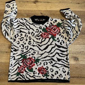 Vintage Women Roses Animal Zebra Leopard Print Knit Sweater Distressed